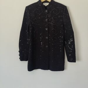 St. John Evening Sequin Knit Black Mock Neck Jacket